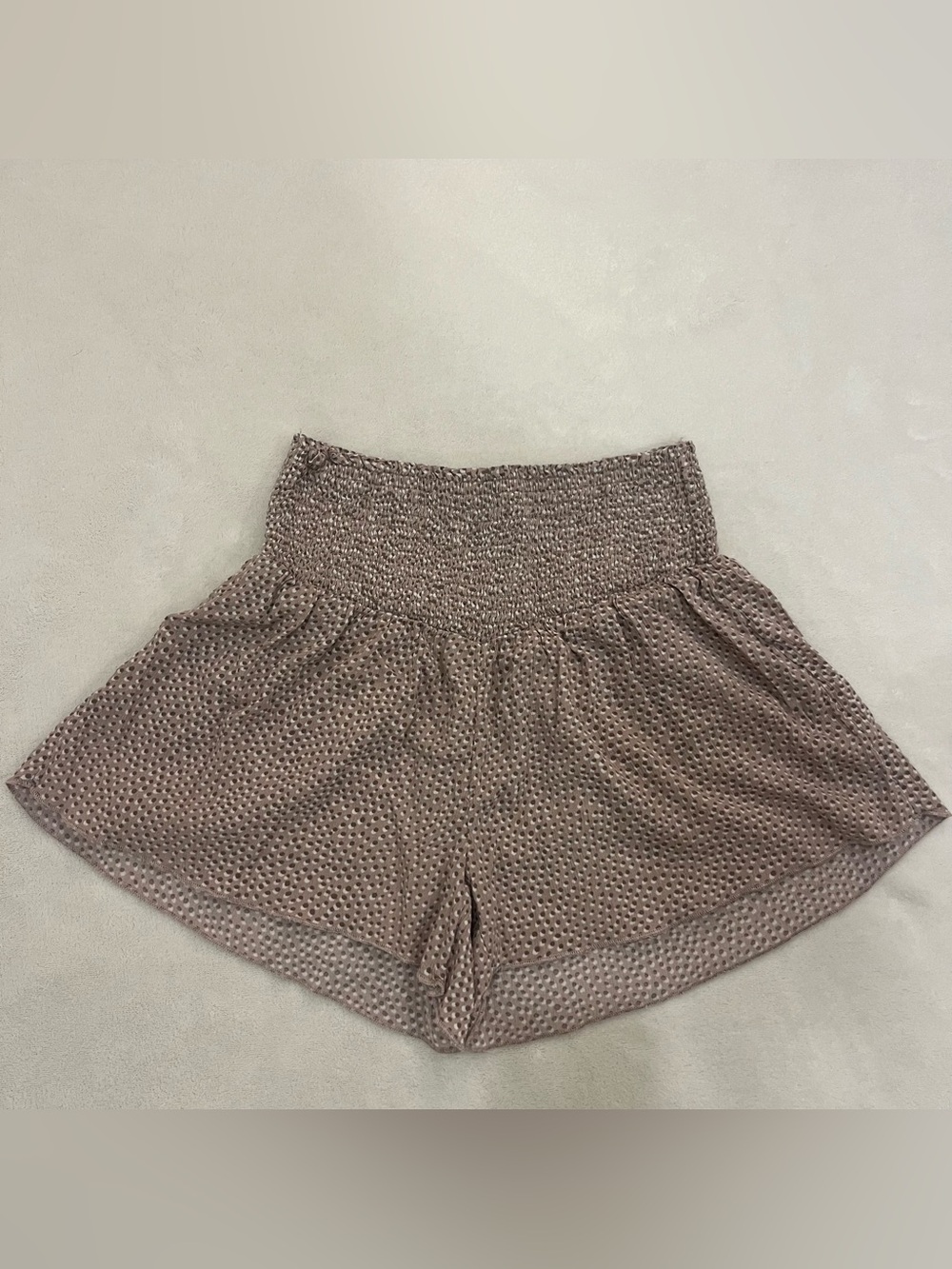 Aerie High-Waist Smocked Dot Shorts in Taupe